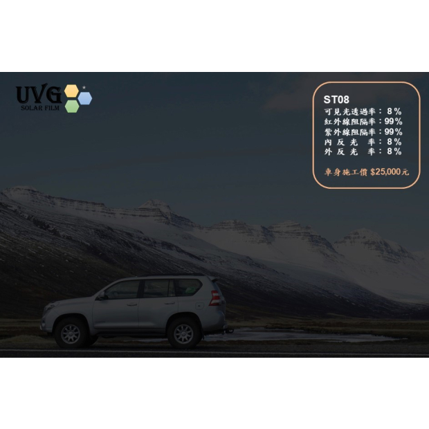 UVG晶星ST08隔熱紙｜8%低透光汽車隔熱紙，高隱私深色隔熱膜